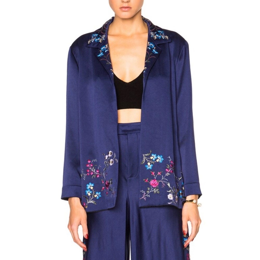 Etro Alina Jacket Navy Blue Floral Embroidered Silk Blend Made in Italy